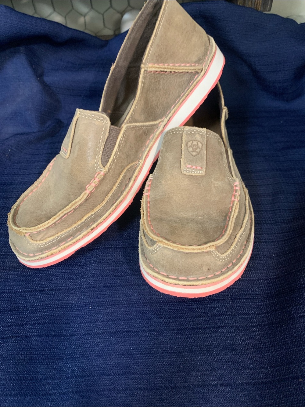 Ariat Women's Taupe Suede Slip-On Loafers with Pink Trim